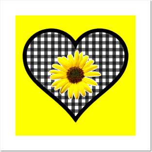 Black and White Gingham Heart with Yellow Daisy Posters and Art